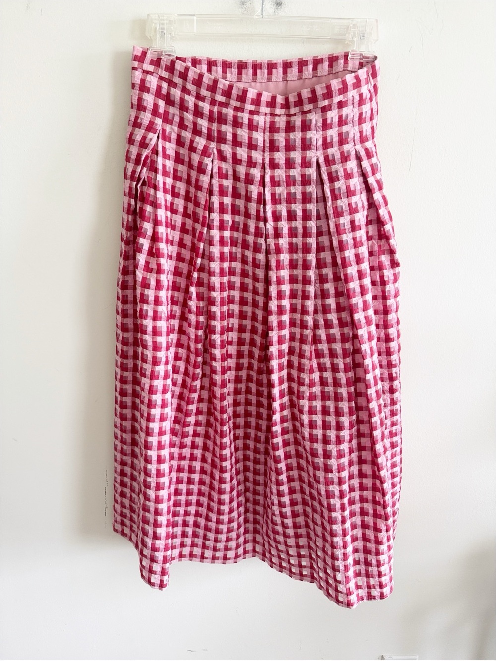 Anthro Eva Franco red pink cottagecore preppy Textured Plaid Midi Skirt size 4 - Picture 4 of 9